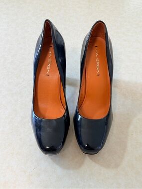 Via Spiga Navy Patent Leather Square-Toe Pumps